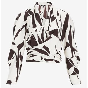 Express | Abstract Print Long Sleeve Draped Wrap Front Top